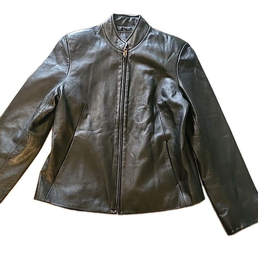 Vianvic Ch leather Jacket Women's Medium Petite Black Zipper Front inside pocket